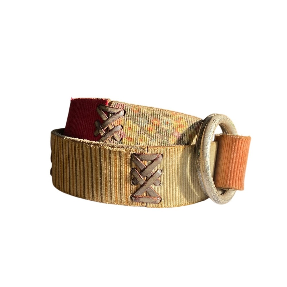 Y2K Patchwork Corduroy Suede Whipstitch D-Ring Belt Boho Hippie Western Granola